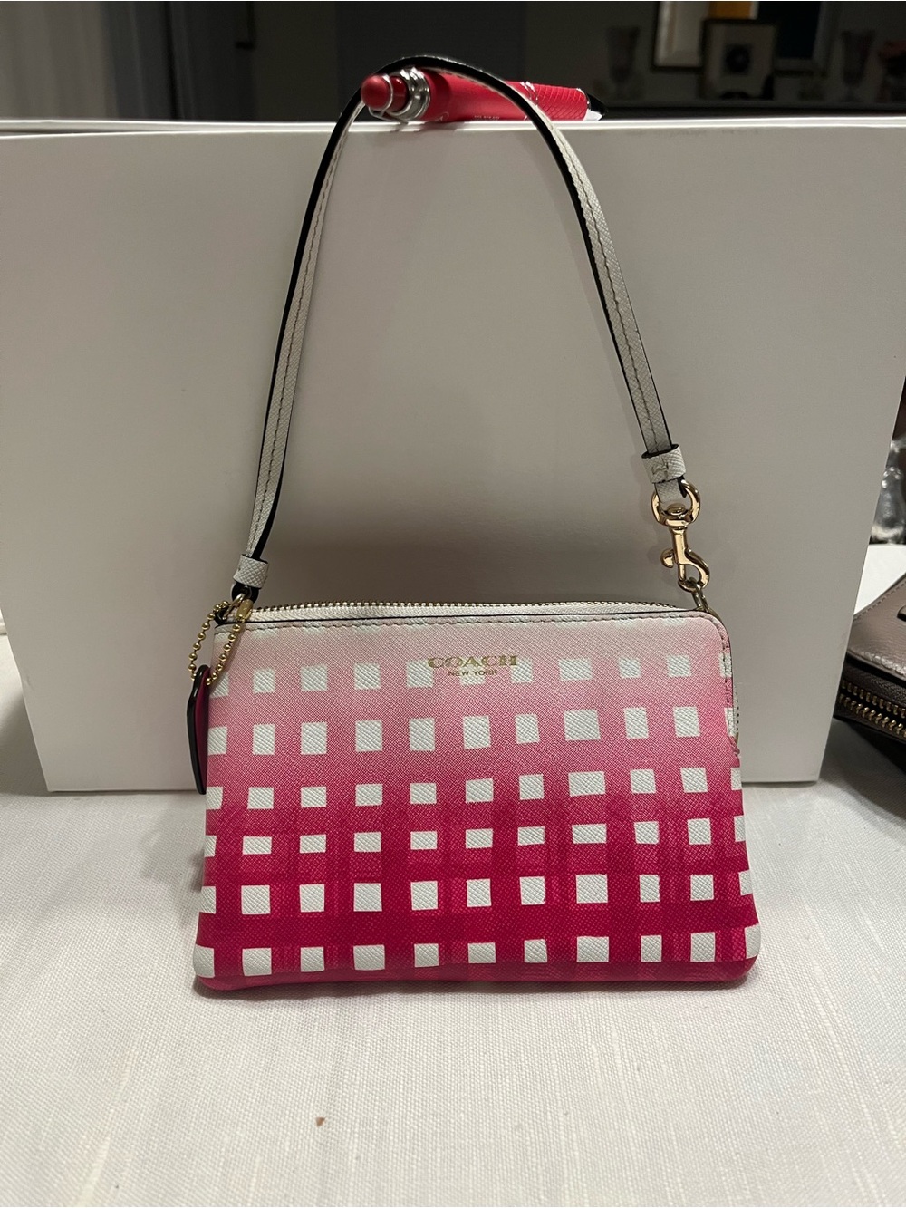 Coach Pink and white checkered corner zip